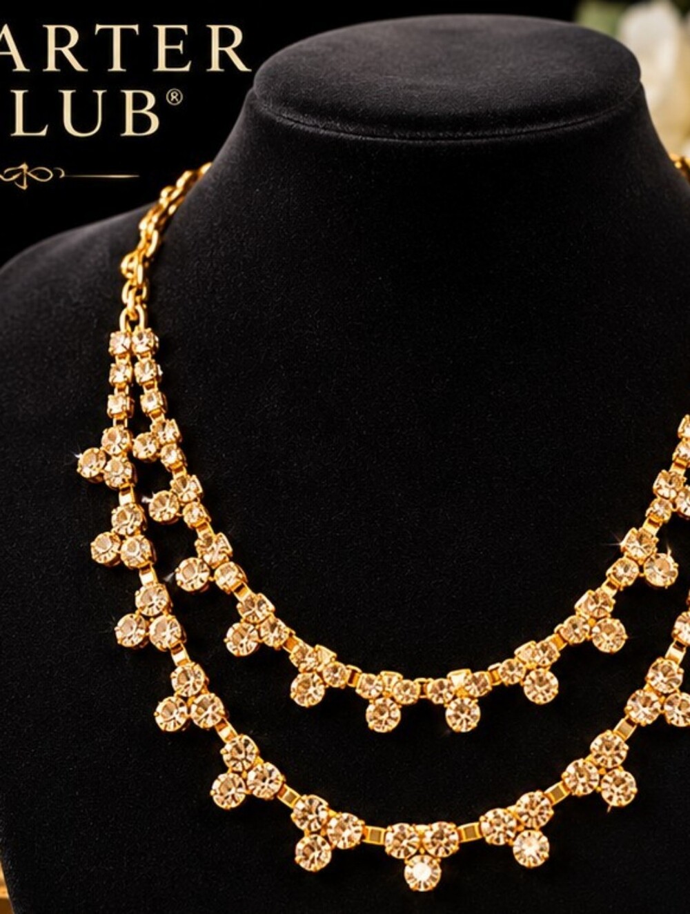NWT Charter Club Gold Tone Champagne Crystal Double Strand Necklace 16"